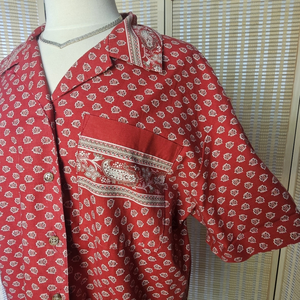 100% Cotton, Vintage 1990's, Red Southwest Print Button-down Collared Shirt EUC